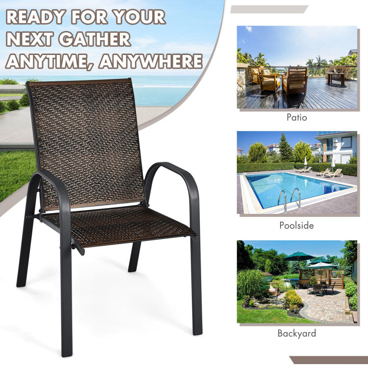 Set of 6 Outdoor Rattan Dining Chairs Patio PE Wicker Stackable Chairs with Sturdy Steel Frame