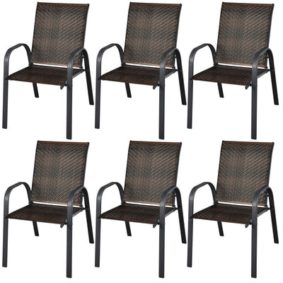 Set of 6 Outdoor Rattan Dining Chairs Patio PE Wicker Stackable Chairs with Sturdy Steel Frame