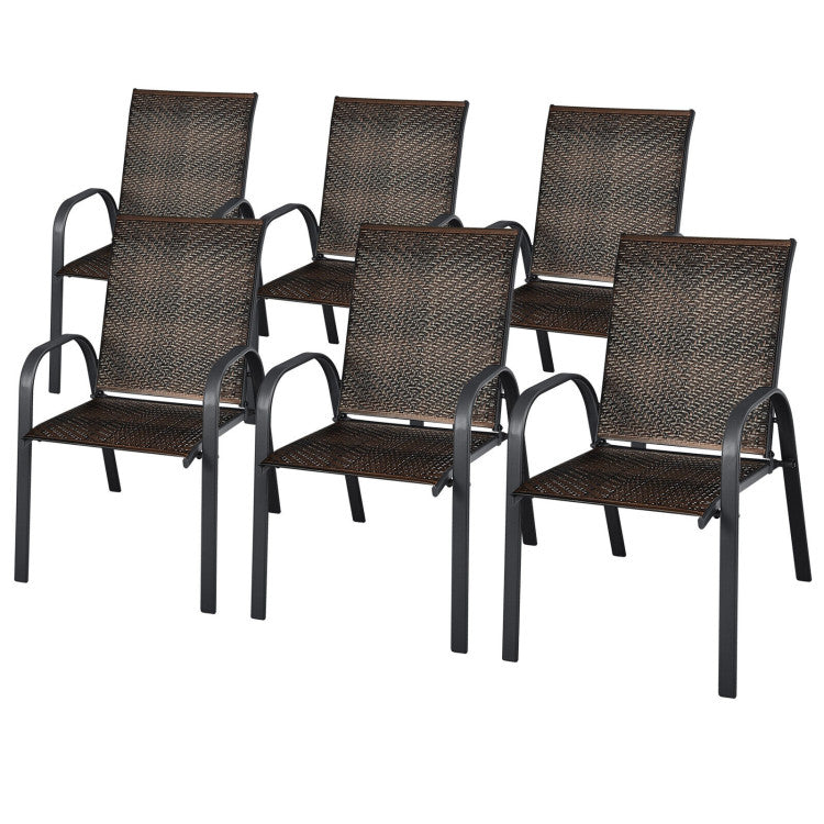 Set of 6 Outdoor Rattan Dining Chairs Patio PE Wicker Stackable Chairs with Sturdy Steel Frame