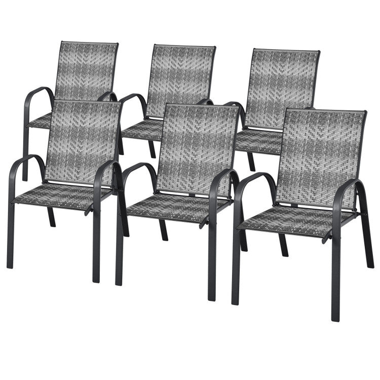Set of 6 Outdoor Rattan Dining Chairs Patio PE Wicker Stackable Chairs with Sturdy Steel Frame