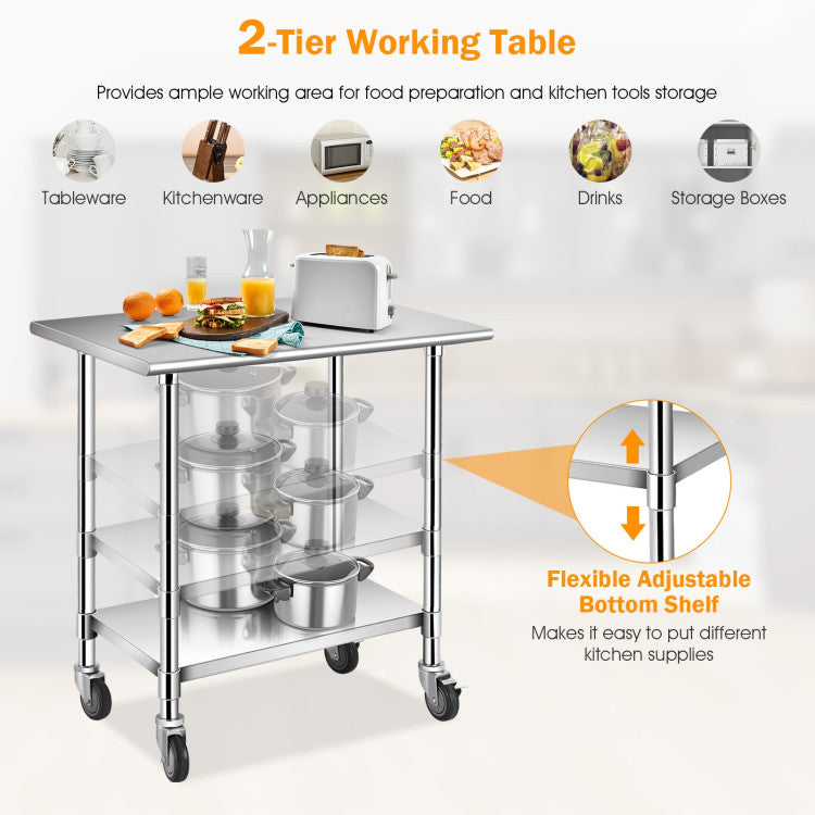 36" x 24" Stainless Steel Heavy Duty Table Commercial Kitchen Prep Work Table with Undershelf Galvanized Legs for Garage Bar