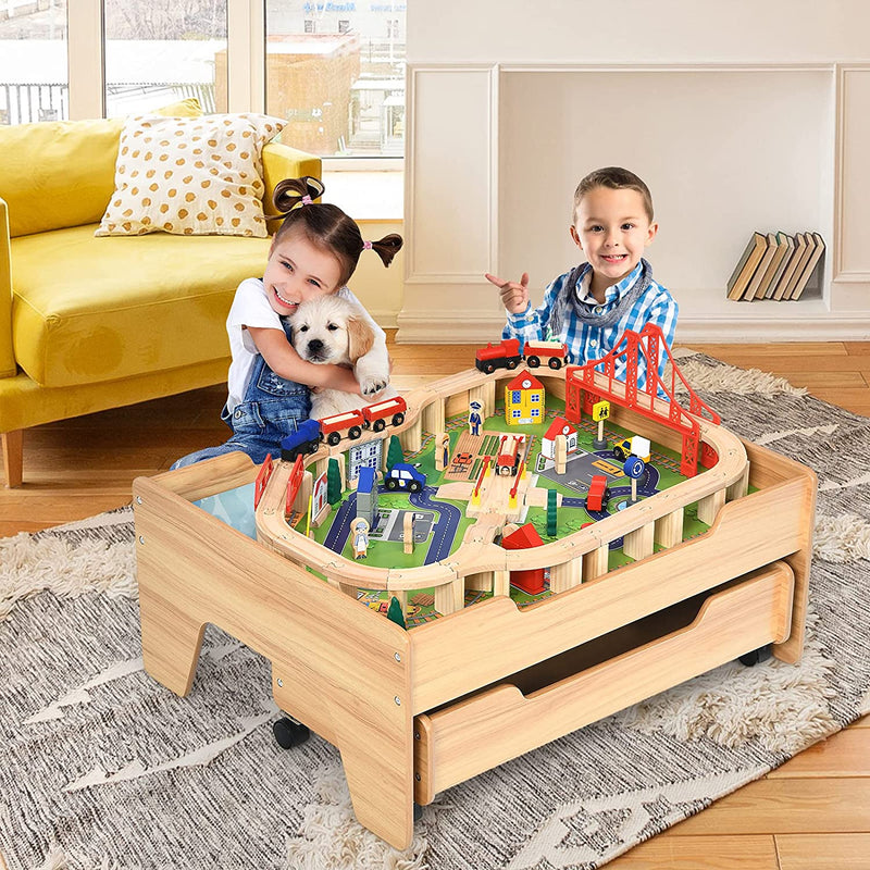 Toddler Train Table Set Kids Wooden Activity Table Playset with 100 Multicolor Pieces and Lockable Wheels for Boys Girls Gift