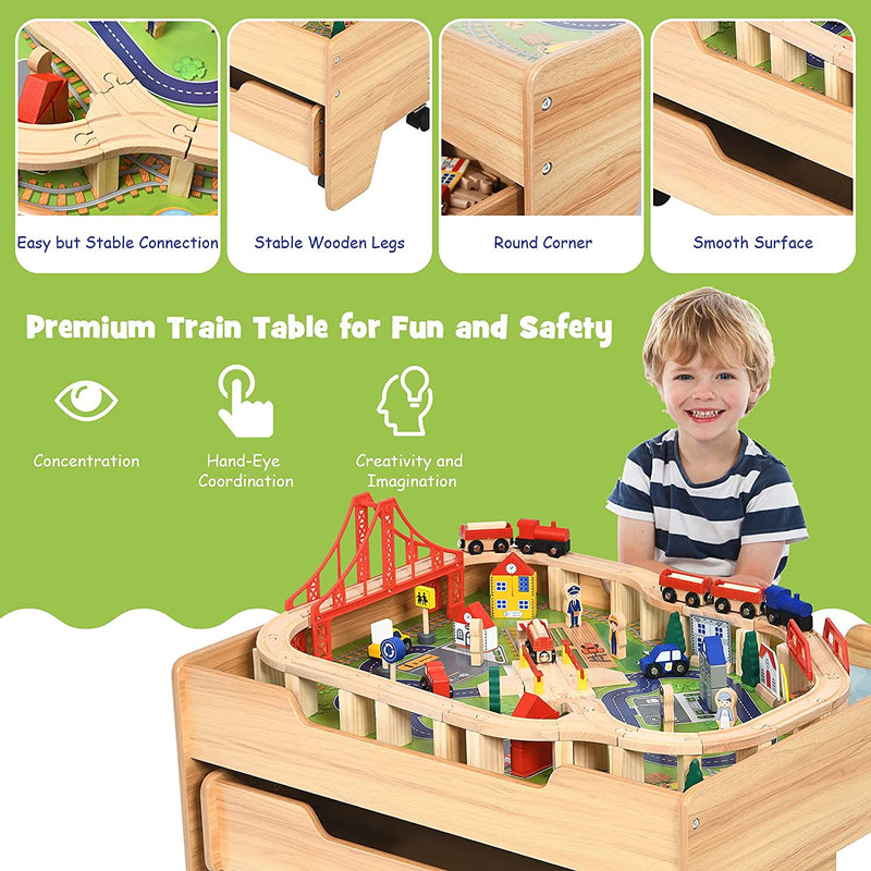 Toddler Train Table Set Kids Wooden Activity Table Playset with 100 Multicolor Pieces and Lockable Wheels for Boys Girls Gift