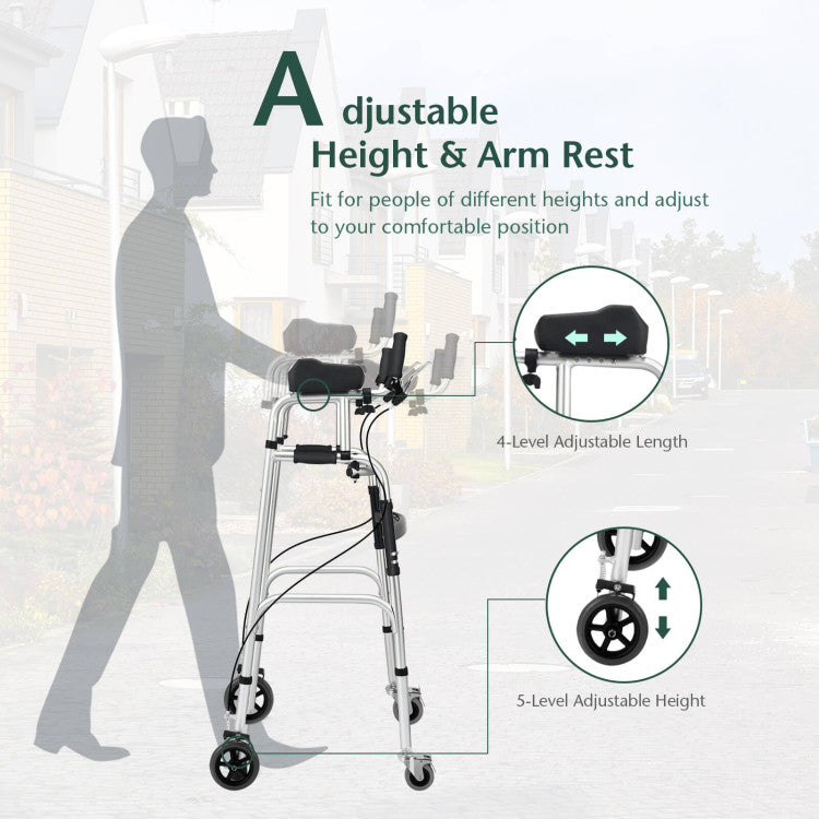 Upright Rollator Walkers Height Adjustable Stand-Up Folding Walker with Padded Armrest and Wheels