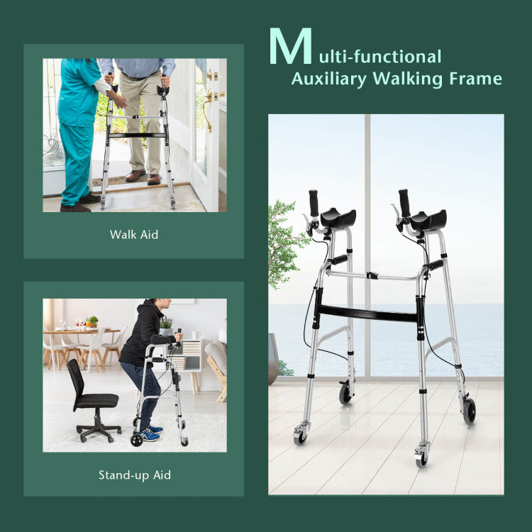 Upright Rollator Walkers Height Adjustable Stand-Up Folding Walker with Padded Armrest and Wheels