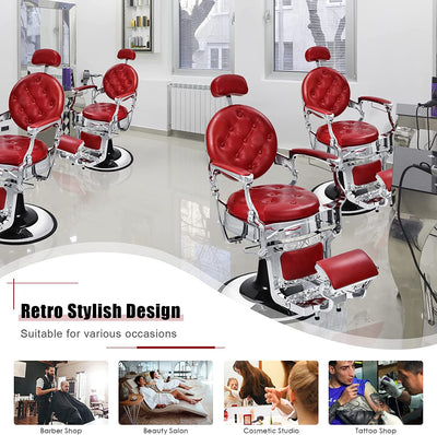 Vintage Barber Chair 360° Swivel Reclining Chair Makeup Hair Salon Chairs with Adjustable Height and Detachable Headrest-Canada Only