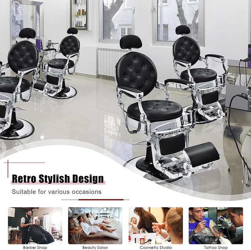 Vintage Barber Chair 360° Swivel Reclining Chair Makeup Hair Salon Chairs with Adjustable Height and Detachable Headrest