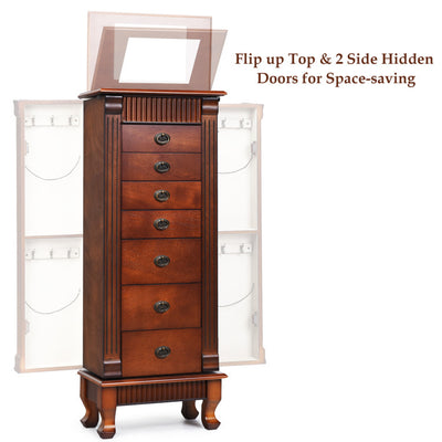 Wooden Jewelry Armoire Chest Storage Cabinet with Drawers and Interior Mirror