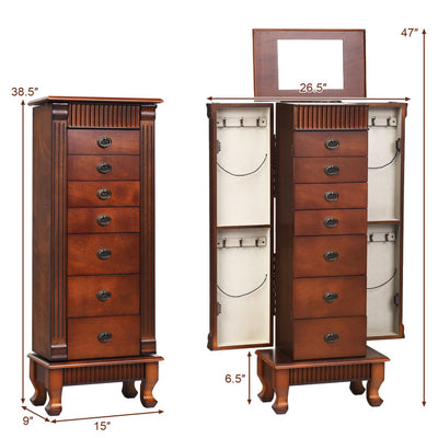 Wooden Jewelry Armoire Chest Storage Cabinet with Drawers and Interior Mirror