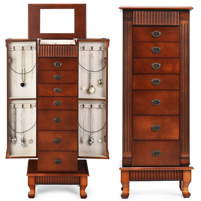 Wooden Jewelry Armoire Chest Storage Cabinet with Drawers and Interior Mirror