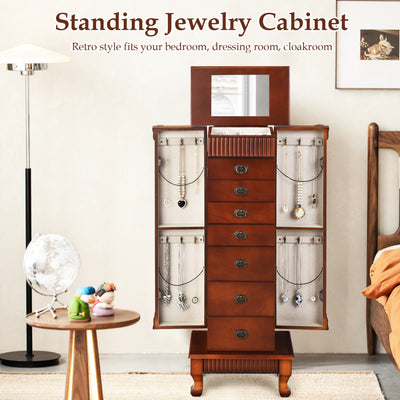 Wooden Jewelry Armoire Chest Storage Cabinet with Drawers and Interior Mirror