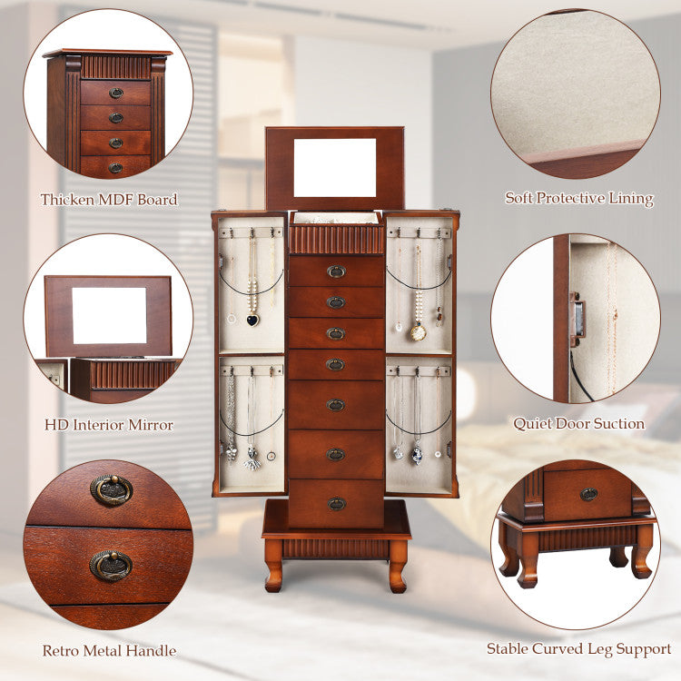 Wooden Jewelry Armoire Chest Storage Cabinet with Drawers and Interior Mirror