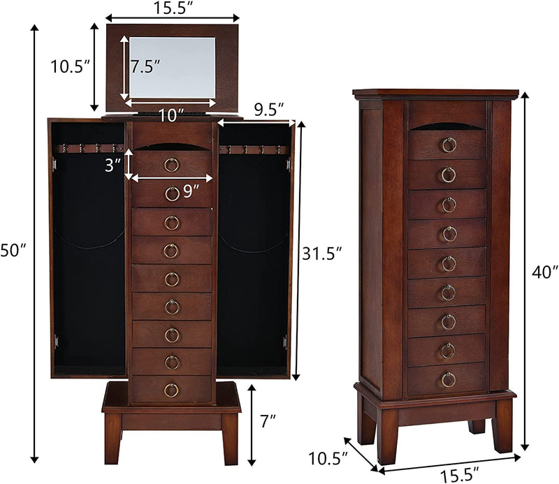 Wooden Jewelry Armoire Storage Cabinet Chest Organizer with Flip Top Mirror and 6 Removable Drawers