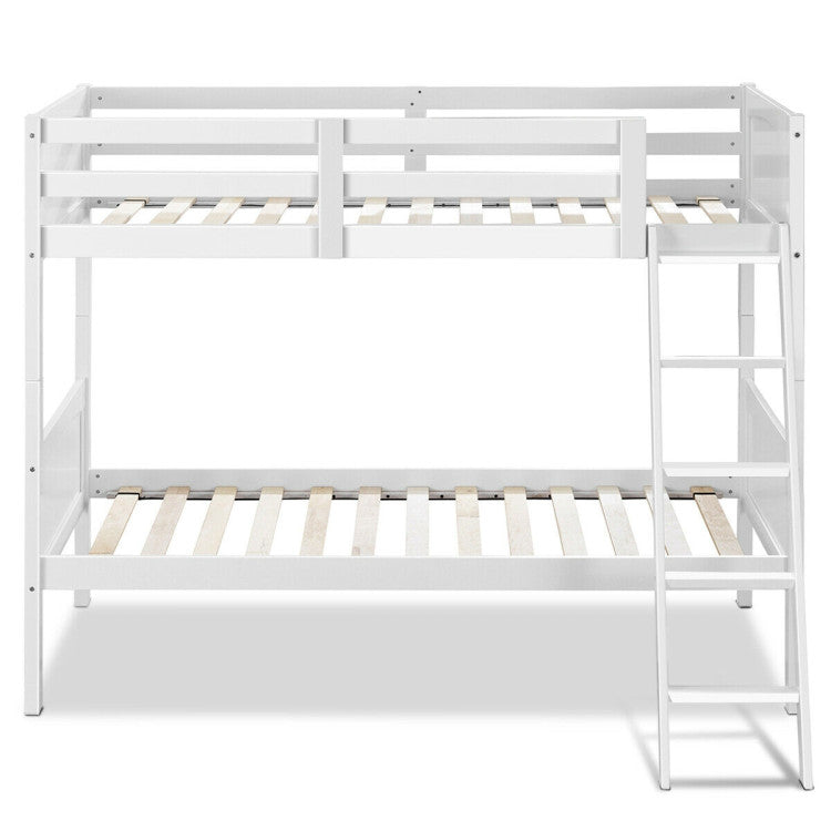 Wooden Twin Over Twin Bunk Bed Convertible 2 Individual Beds with Ladder and Safety Rail