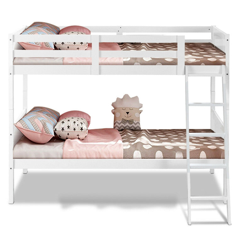 Wooden Twin Over Twin Bunk Bed Convertible 2 Individual Beds with Ladder and Safety Rail