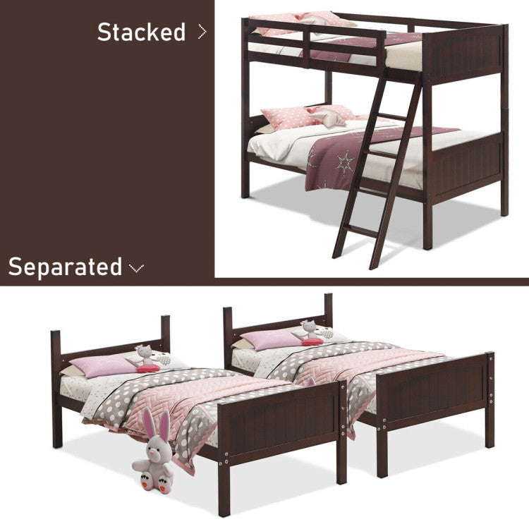 Wooden Twin Over Twin Bunk Bed Convertible 2 Individual Beds with Ladder and Safety Rail