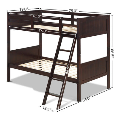 Wooden Twin Over Twin Bunk Bed Convertible 2 Individual Beds with Ladder and Safety Rail