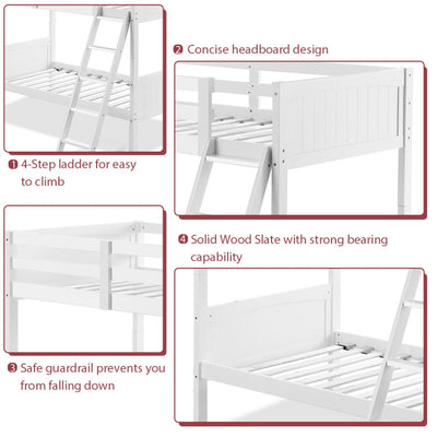 Wooden Twin Over Twin Bunk Bed Convertible 2 Individual Beds with Ladder and Safety Rail