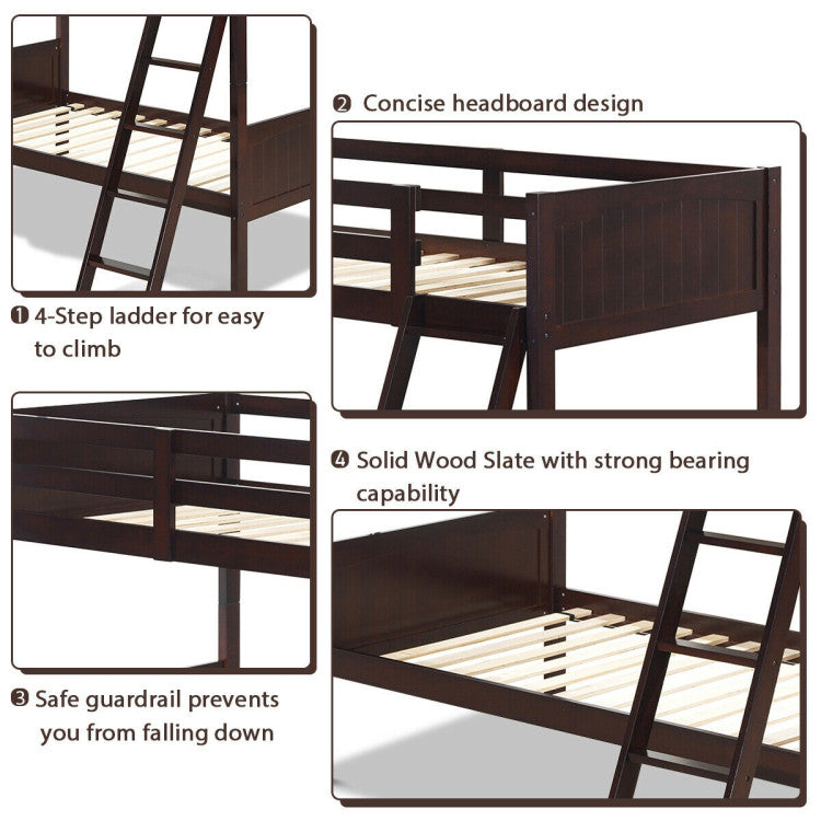 Wooden Twin Over Twin Bunk Bed Convertible 2 Individual Beds with Ladder and Safety Rail