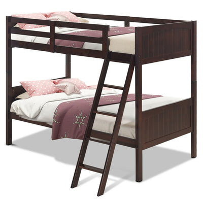 Wooden Twin Over Twin Bunk Bed Convertible 2 Individual Beds with Ladder and Safety Rail