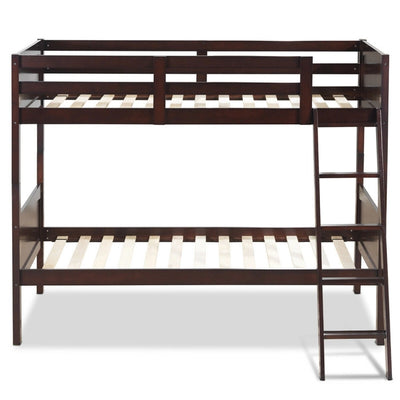 Wooden Twin Over Twin Bunk Bed Convertible 2 Individual Beds with Ladder and Safety Rail