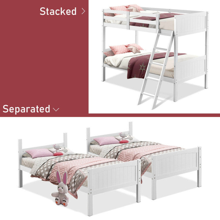 Wooden Twin Over Twin Bunk Bed Convertible 2 Individual Beds with Ladder and Safety Rail