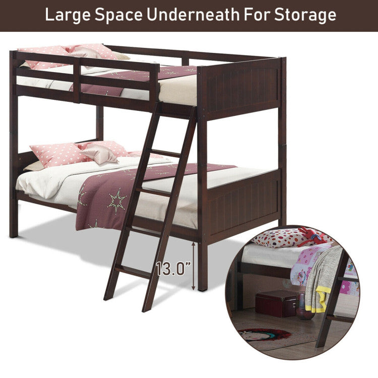 Wooden Twin Over Twin Bunk Bed Convertible 2 Individual Beds with Ladder and Safety Rail