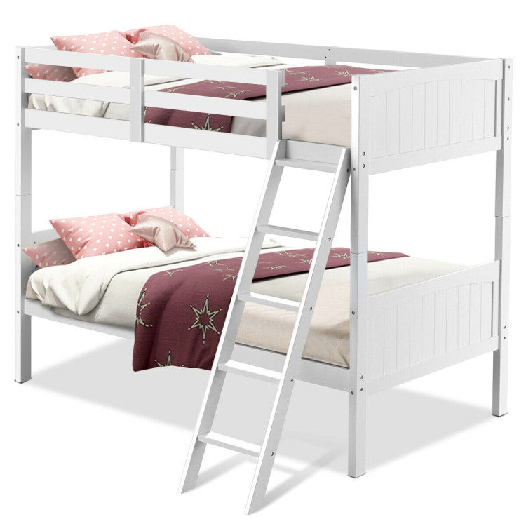 Wooden Twin Over Twin Bunk Bed Convertible 2 Individual Beds with Ladder and Safety Rail