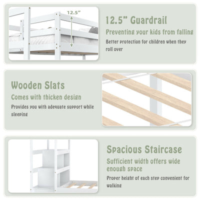 Wooden Twin Over Twin Bunk Bed with Stairs and Storage Shelf