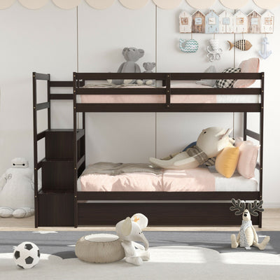 Wooden Twin Over Twin Bunk Bed with Stairs and Storage Shelf