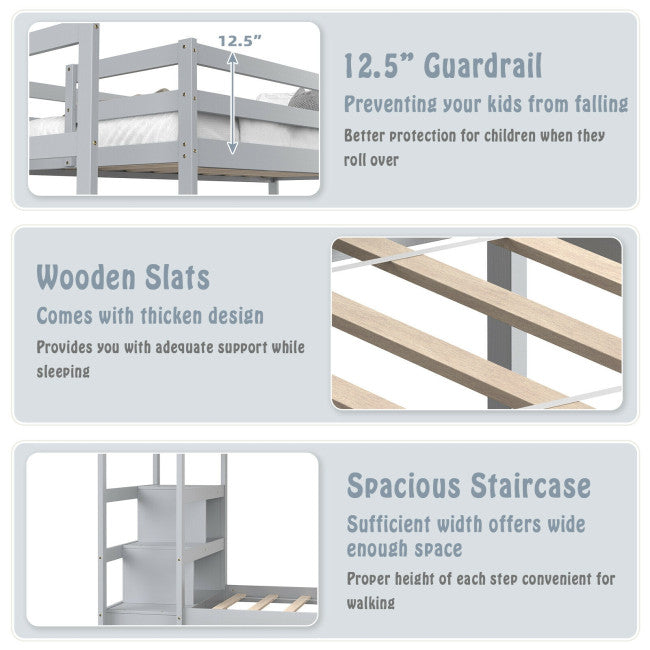 Wooden Twin Over Twin Bunk Bed with Stairs and Storage Shelf