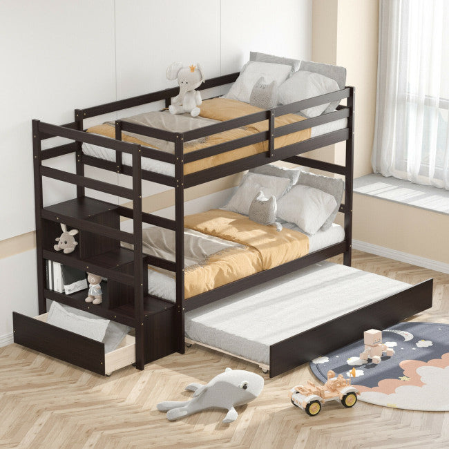 Wooden Twin Over Twin Bunk Bed with Stairs and Storage Shelf