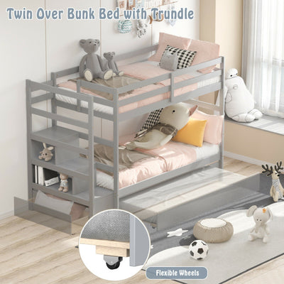 Wooden Twin Over Twin Bunk Bed with Stairs and Storage Shelf