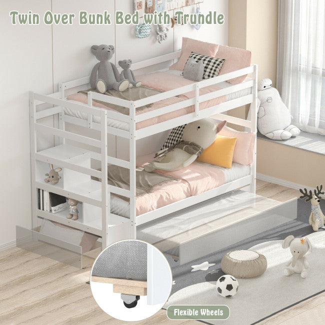 Wooden Twin Over Twin Bunk Bed with Stairs and Storage Shelf