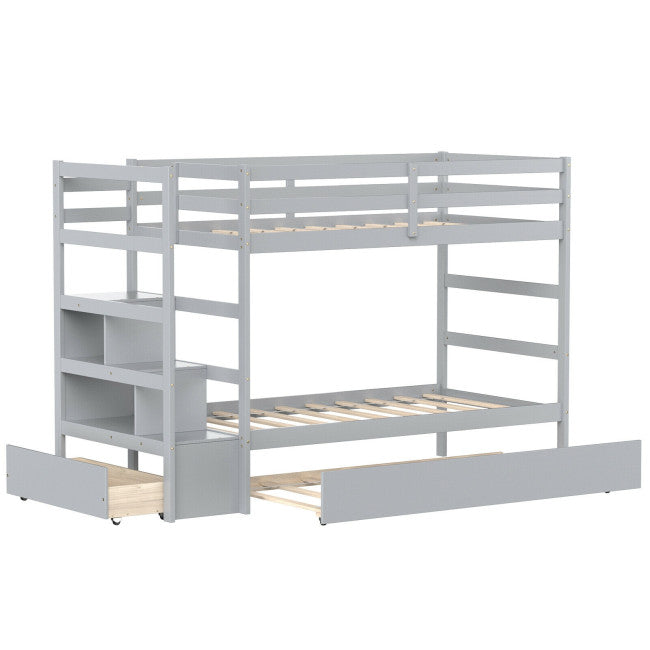 Wooden Twin Over Twin Bunk Bed with Stairs and Storage Shelf