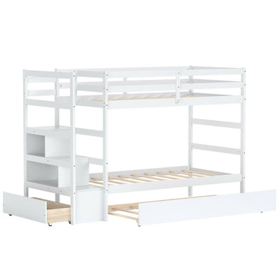 Wooden Twin Over Twin Bunk Bed with Stairs and Storage Shelf