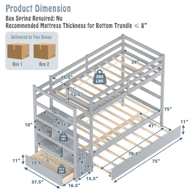 Wooden Twin Over Twin Bunk Bed with Stairs and Storage Shelf