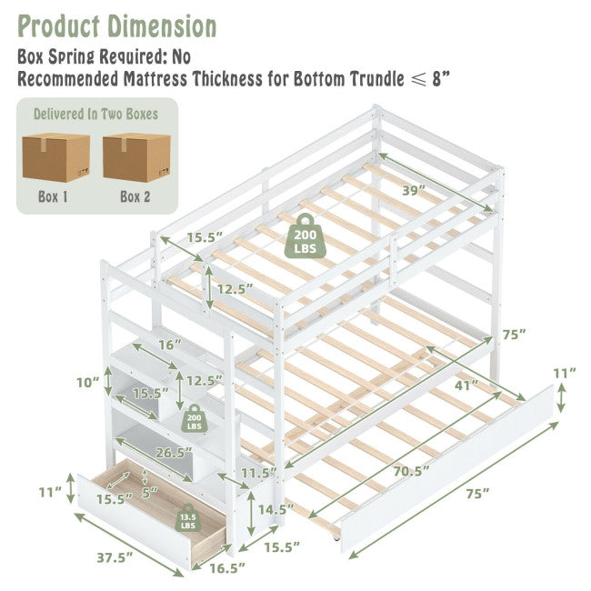 Wooden Twin Over Twin Bunk Bed with Stairs and Storage Shelf