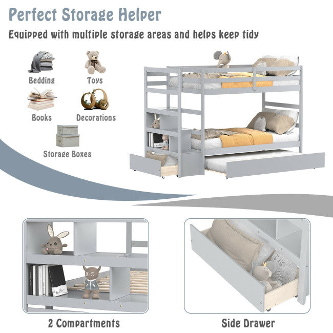 Wooden Twin Over Twin Bunk Bed with Stairs and Storage Shelf