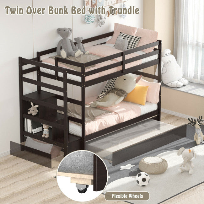 Wooden Twin Over Twin Bunk Bed with Stairs and Storage Shelf