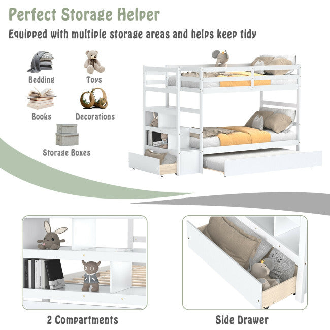 Wooden Twin Over Twin Bunk Bed with Stairs and Storage Shelf