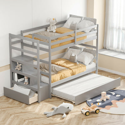 Wooden Twin Over Twin Bunk Bed with Stairs and Storage Shelf