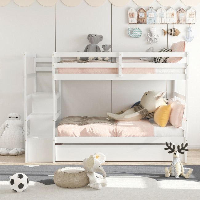 Wooden Twin Over Twin Bunk Bed with Stairs and Storage Shelf