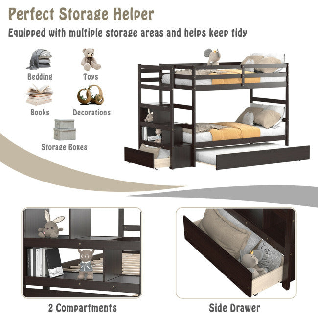 Wooden Twin Over Twin Bunk Bed with Stairs and Storage Shelf