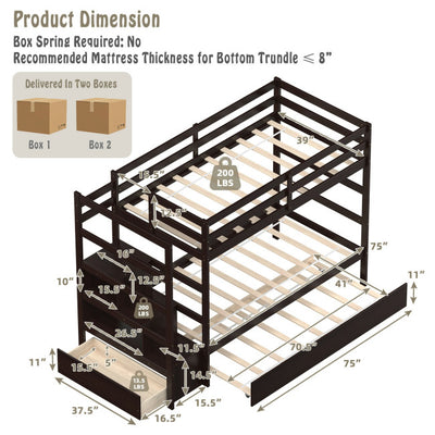 Wooden Twin Over Twin Bunk Bed with Stairs and Storage Shelf