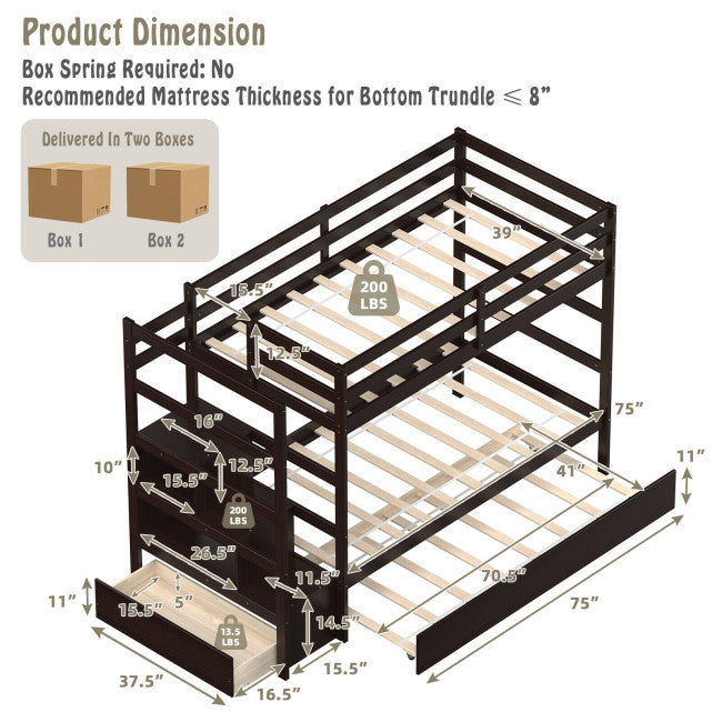 Wooden Twin Over Twin Bunk Bed with Stairs and Storage Shelf