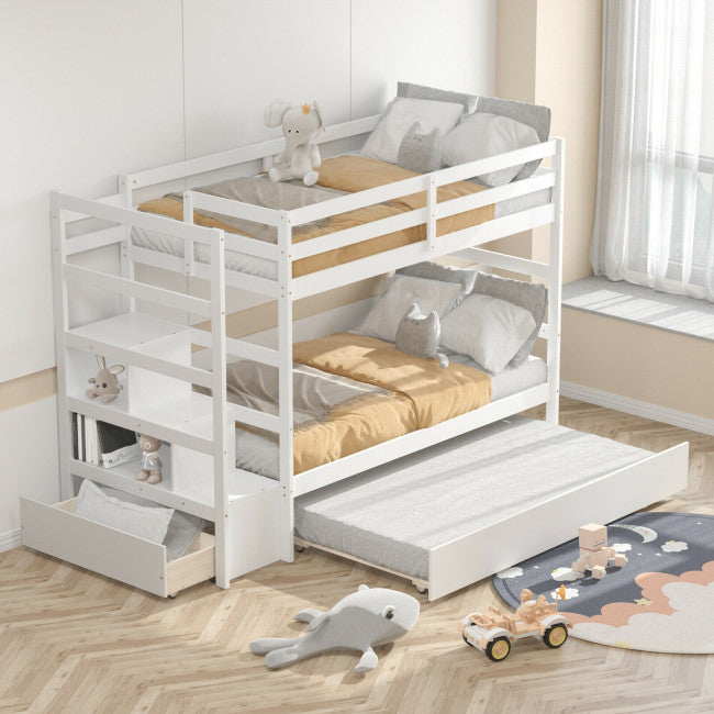 Wooden Twin Over Twin Bunk Bed with Stairs and Storage Shelf