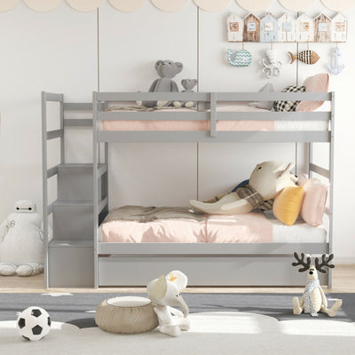 Wooden Twin Over Twin Bunk Bed with Stairs and Storage Shelf