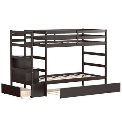 Wooden Twin Over Twin Bunk Bed with Stairs and Storage Shelf