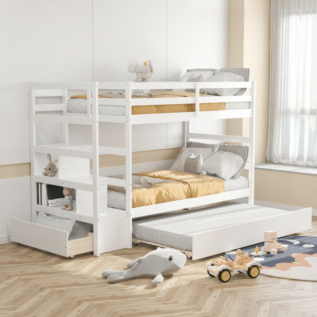 Wooden Twin Over Twin Bunk Bed with Stairs and Storage Shelf